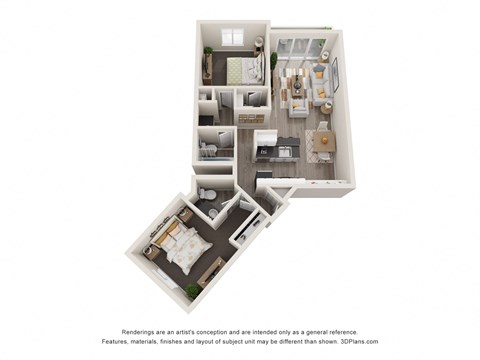 Floor plan for 2 beds, 2 baths, 970 sqft
